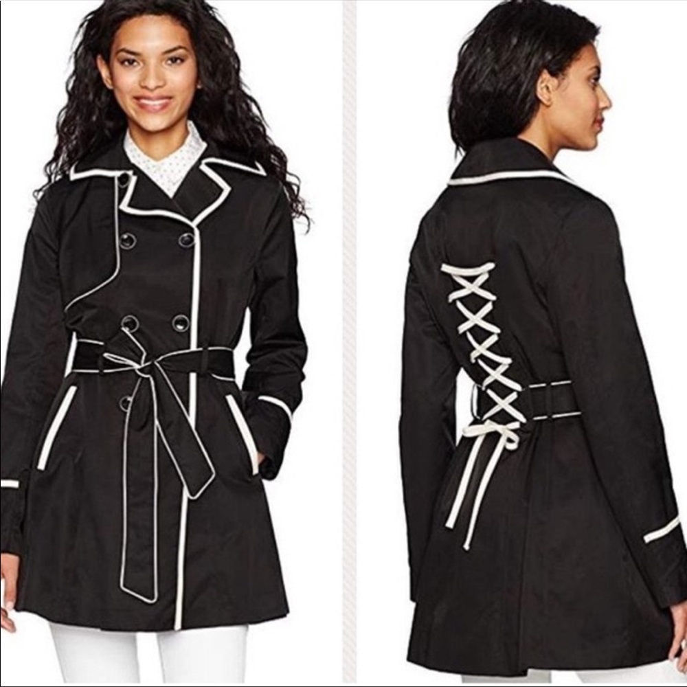 Betsey Johnson Corset Back Skirted Trench Coat Black & White